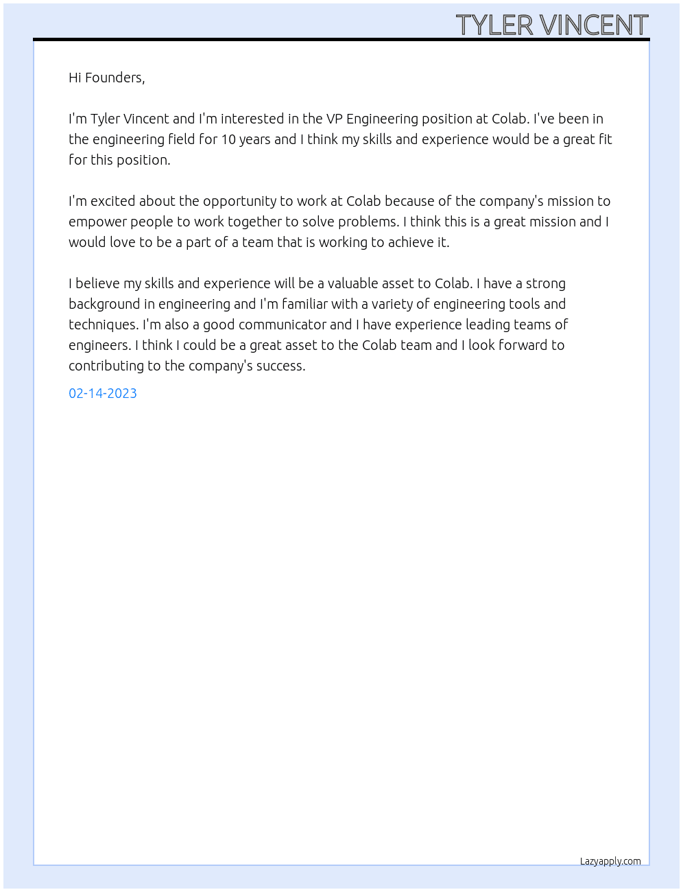 VP Engineering At Colab Cover Letter