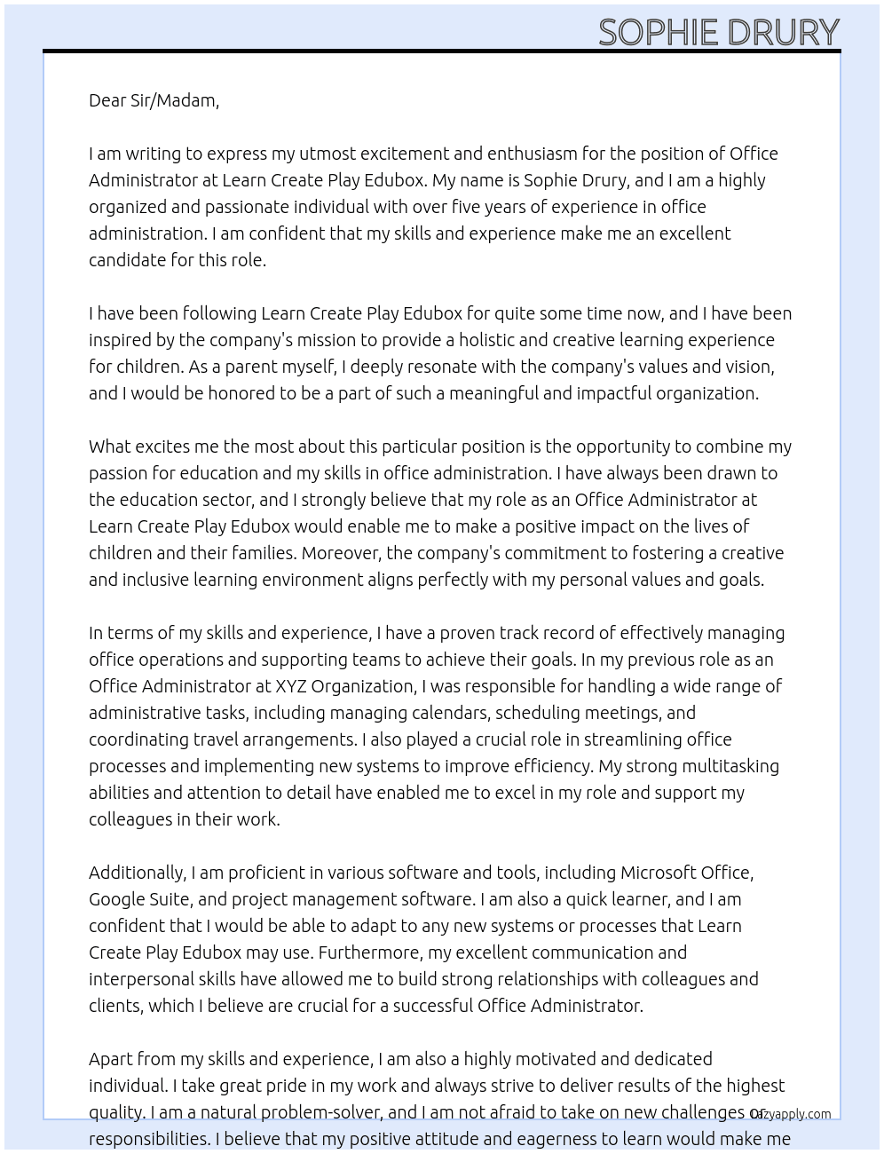 Office Administrator At Learn Create Play Edubox Cover Letter