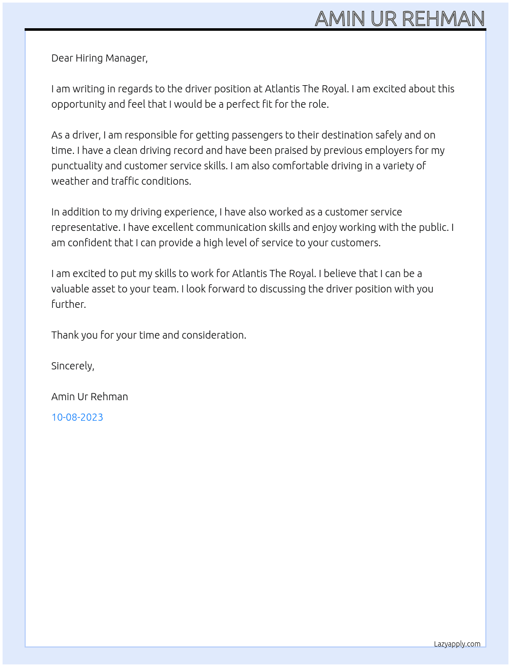 driver At atlantis the royal Cover Letter