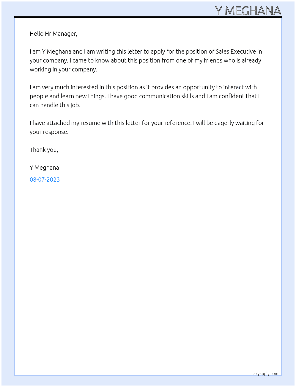 Sales Executive At Cargil Cover Letter