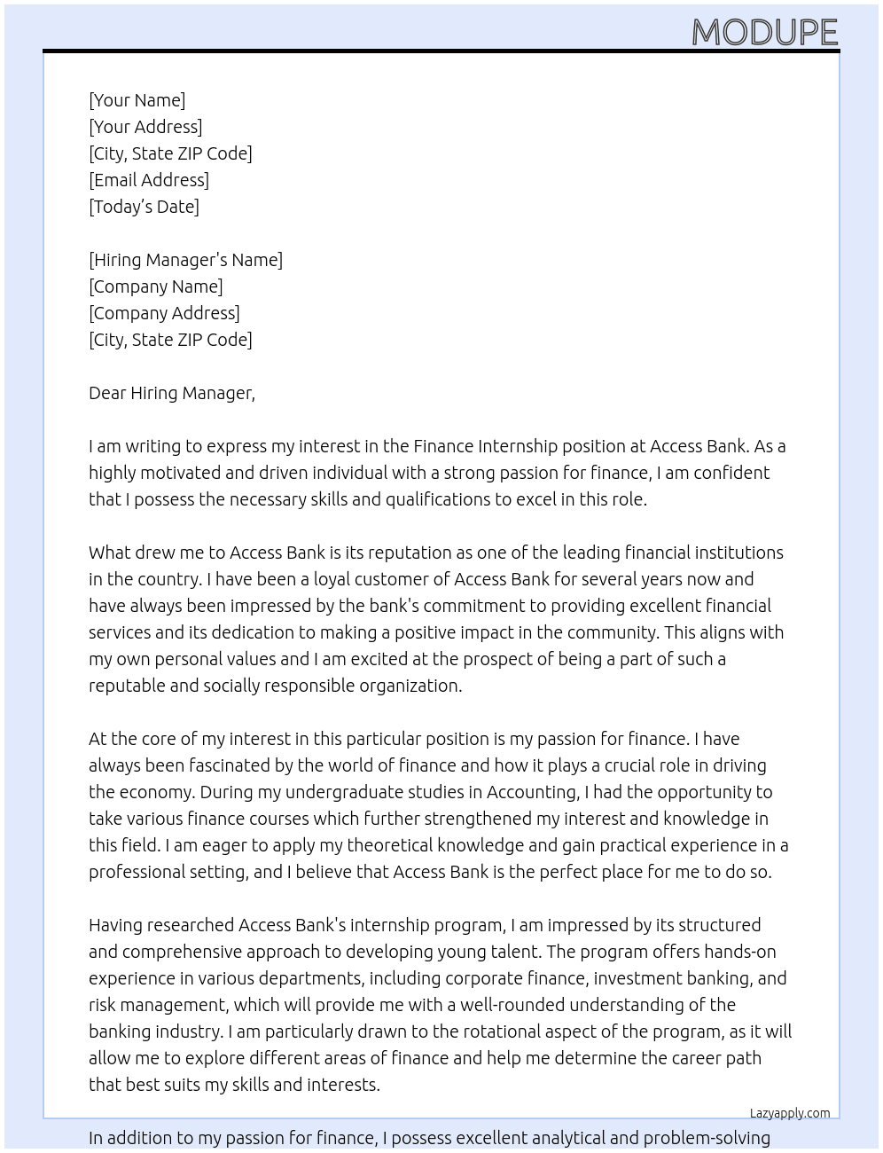 Finance internship At Access Bank Cover Letter