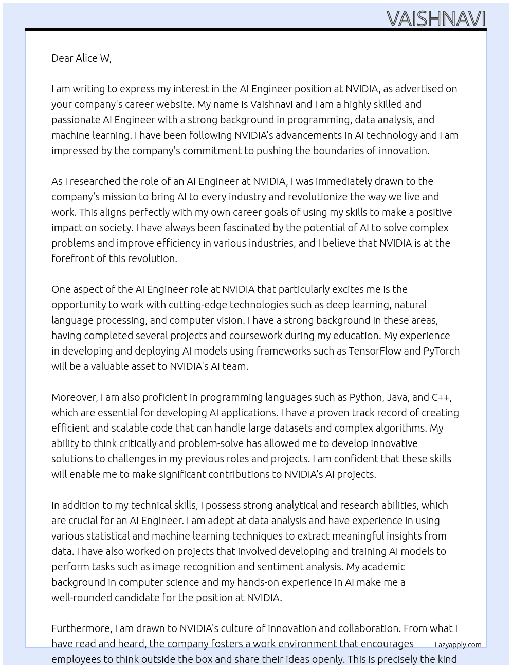AI Engineer At NVIDIA Cover Letter