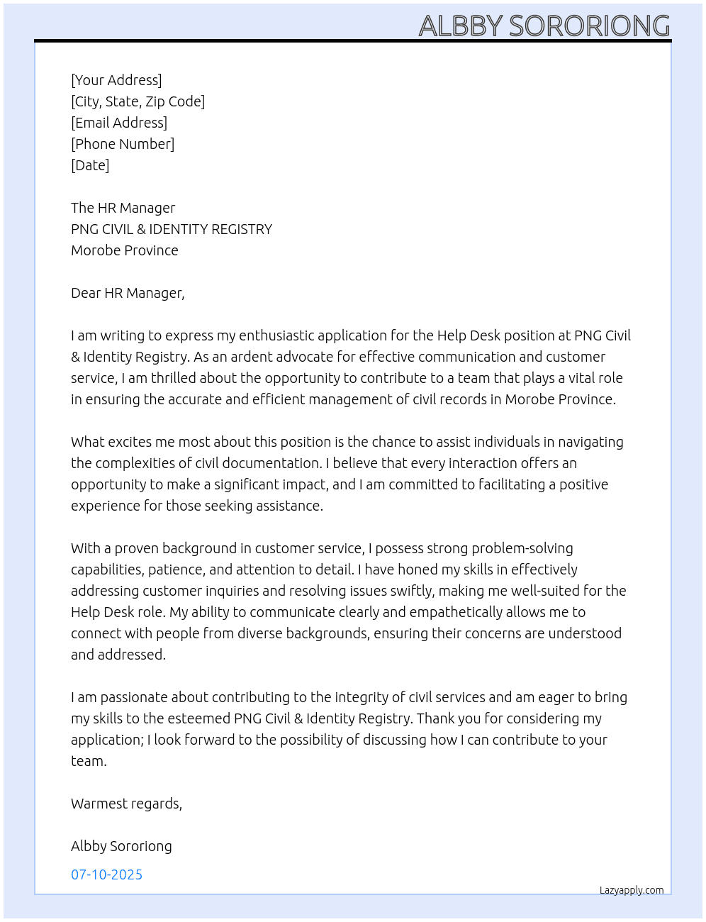 Cover letter for help  desk - LazyApply