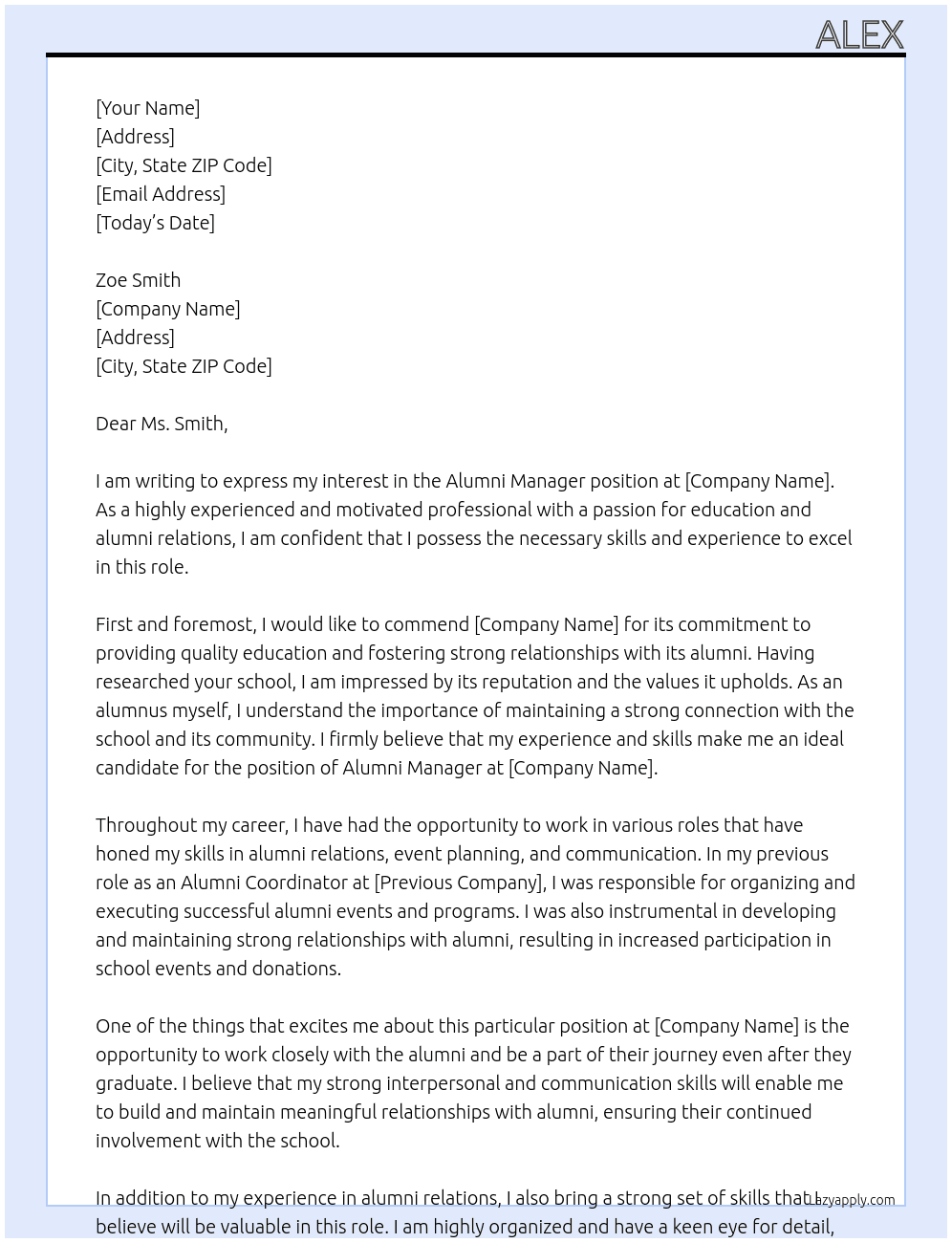 alumni manager At private school  Cover Letter