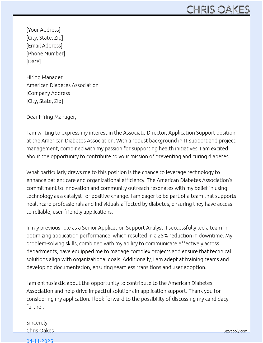 Cover letter for associate director, application support - LazyApply