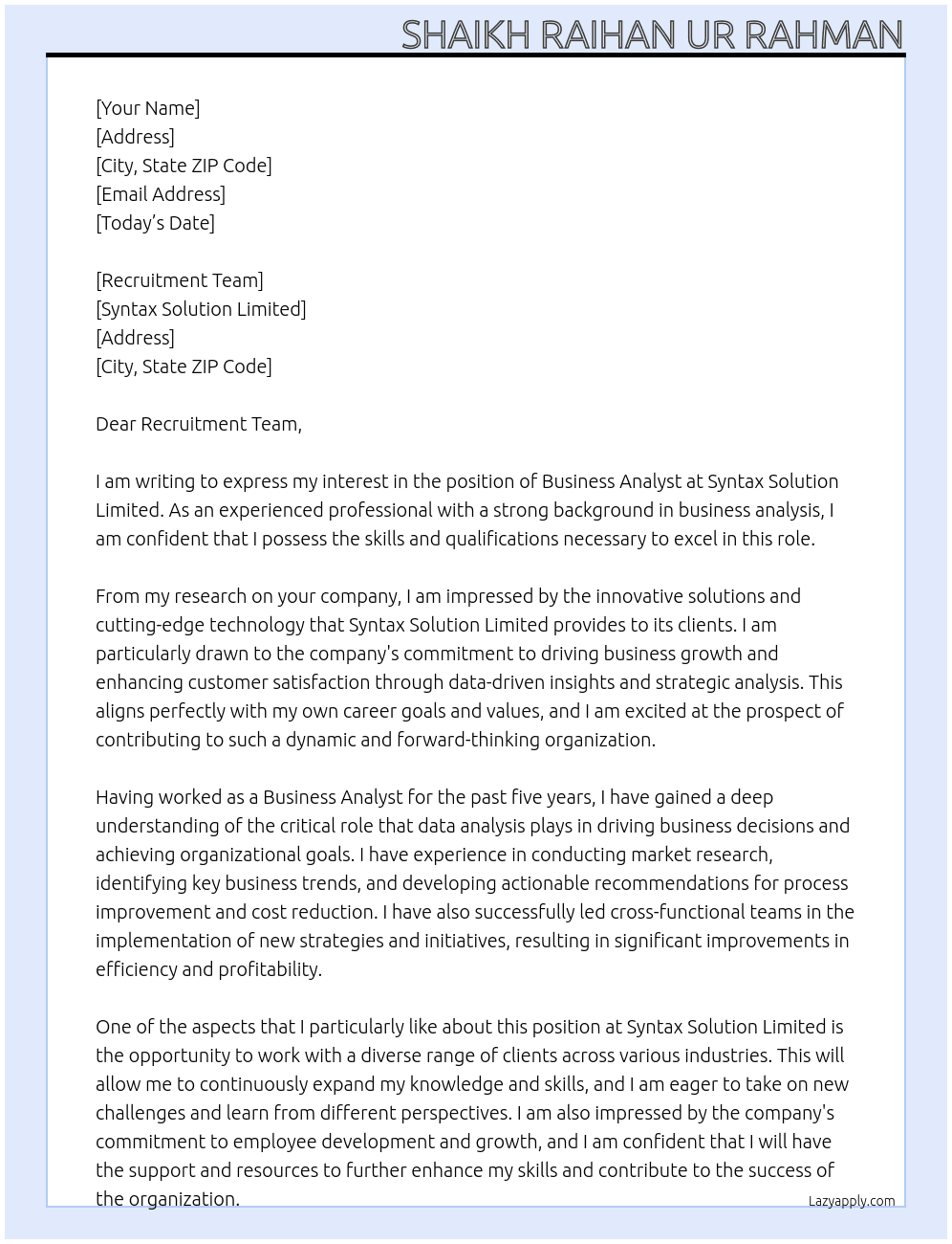 Business Analyst At Syntax Solution Limited Cover Letter