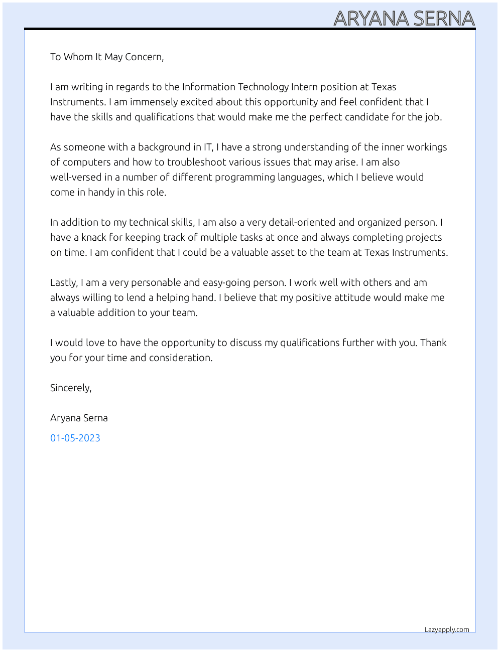Information Technology Intern At Texas Instruments Cover Letter