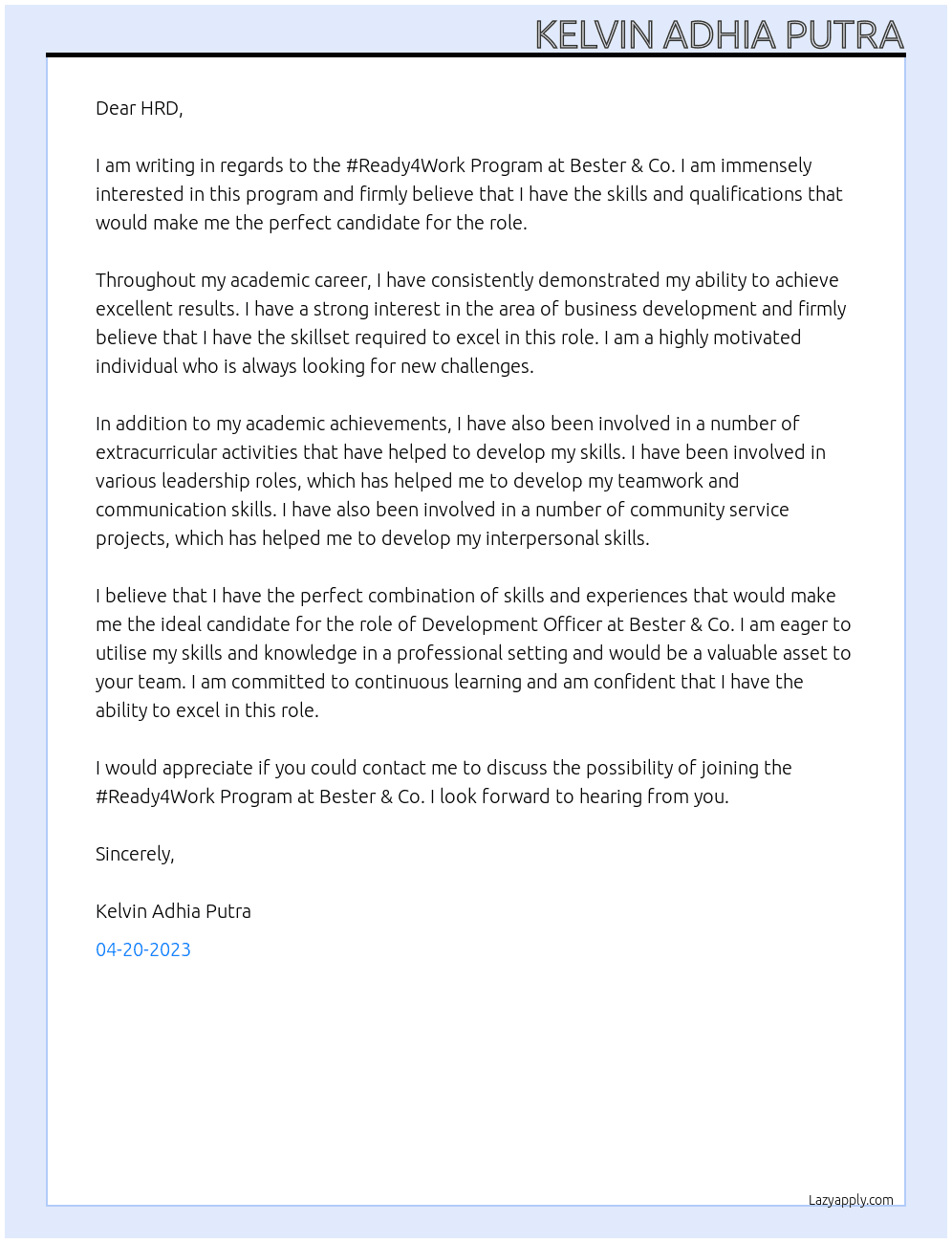 #Ready4Work Program At Bester & Co Cover Letter