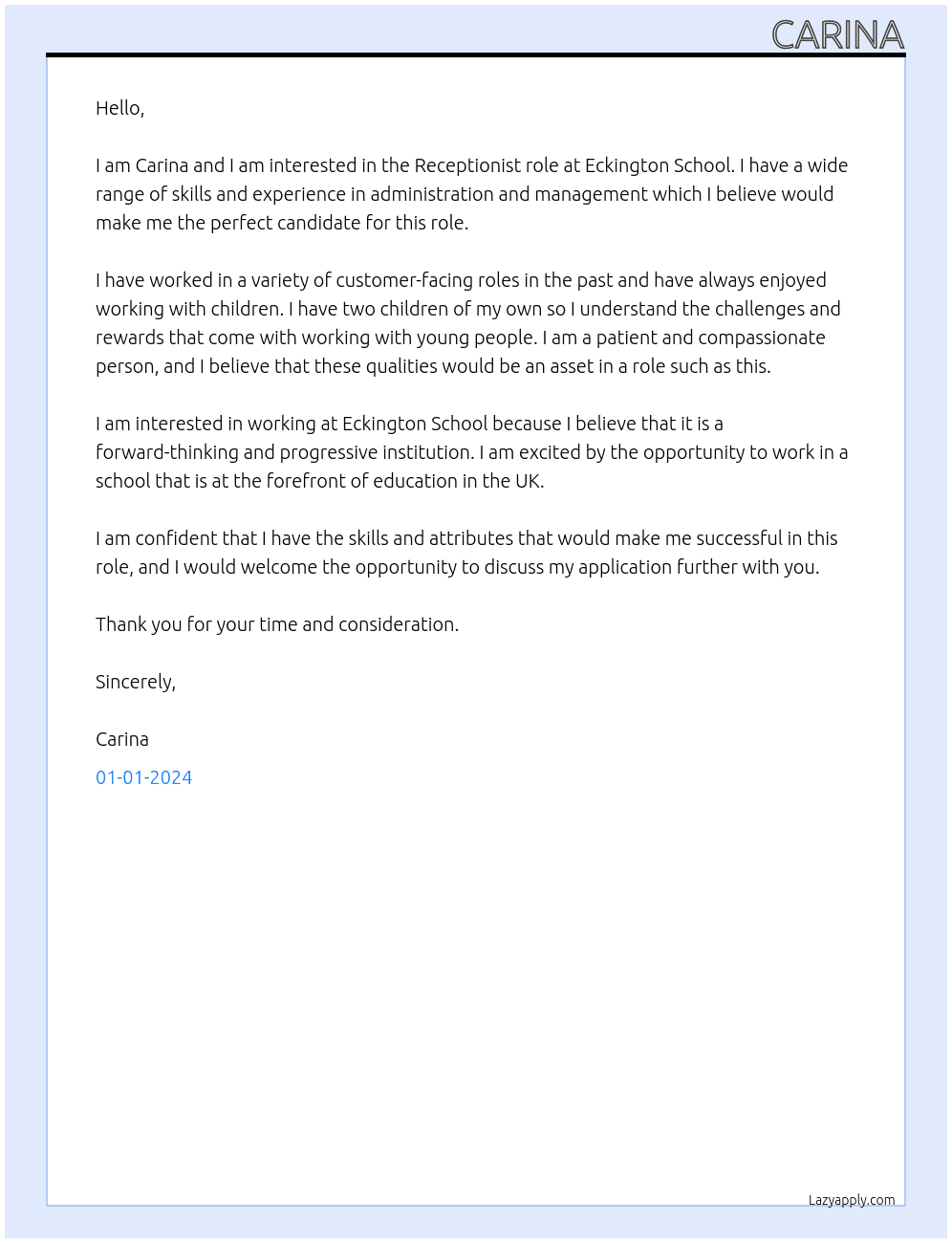 Receptionist At Eckington school Cover Letter