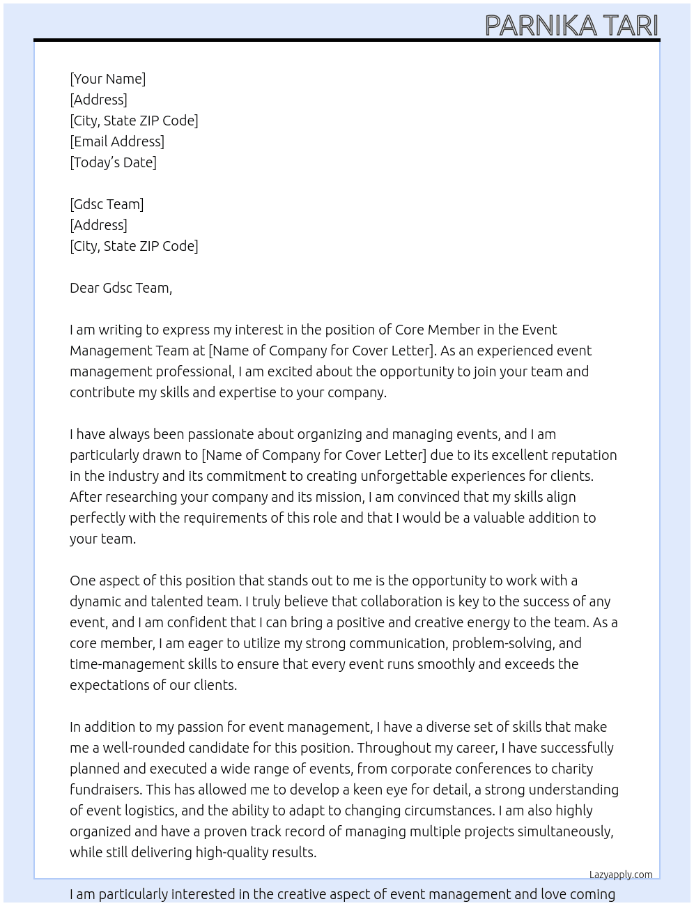 Core member in event management team At Event management core member Cover Letter