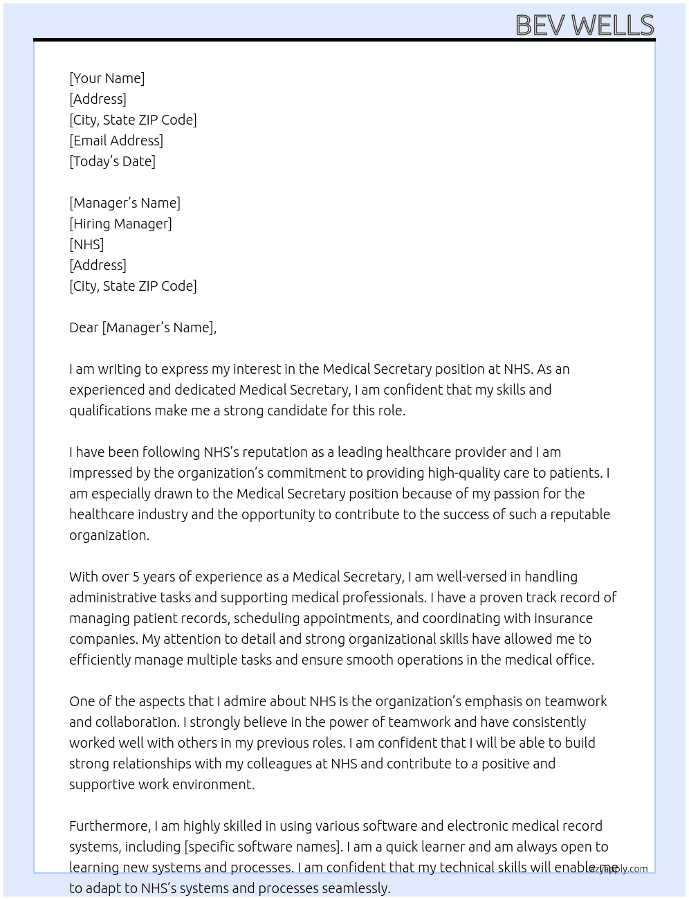 Medical Secretary At NHS Cover Letter