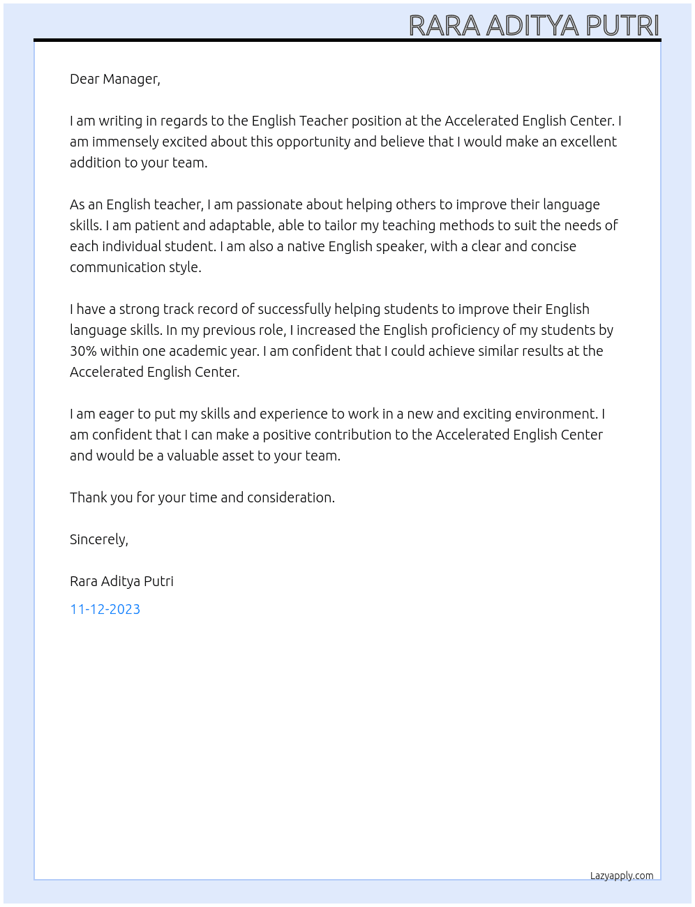 English Teachers At Accelerated English Center Cover Letter