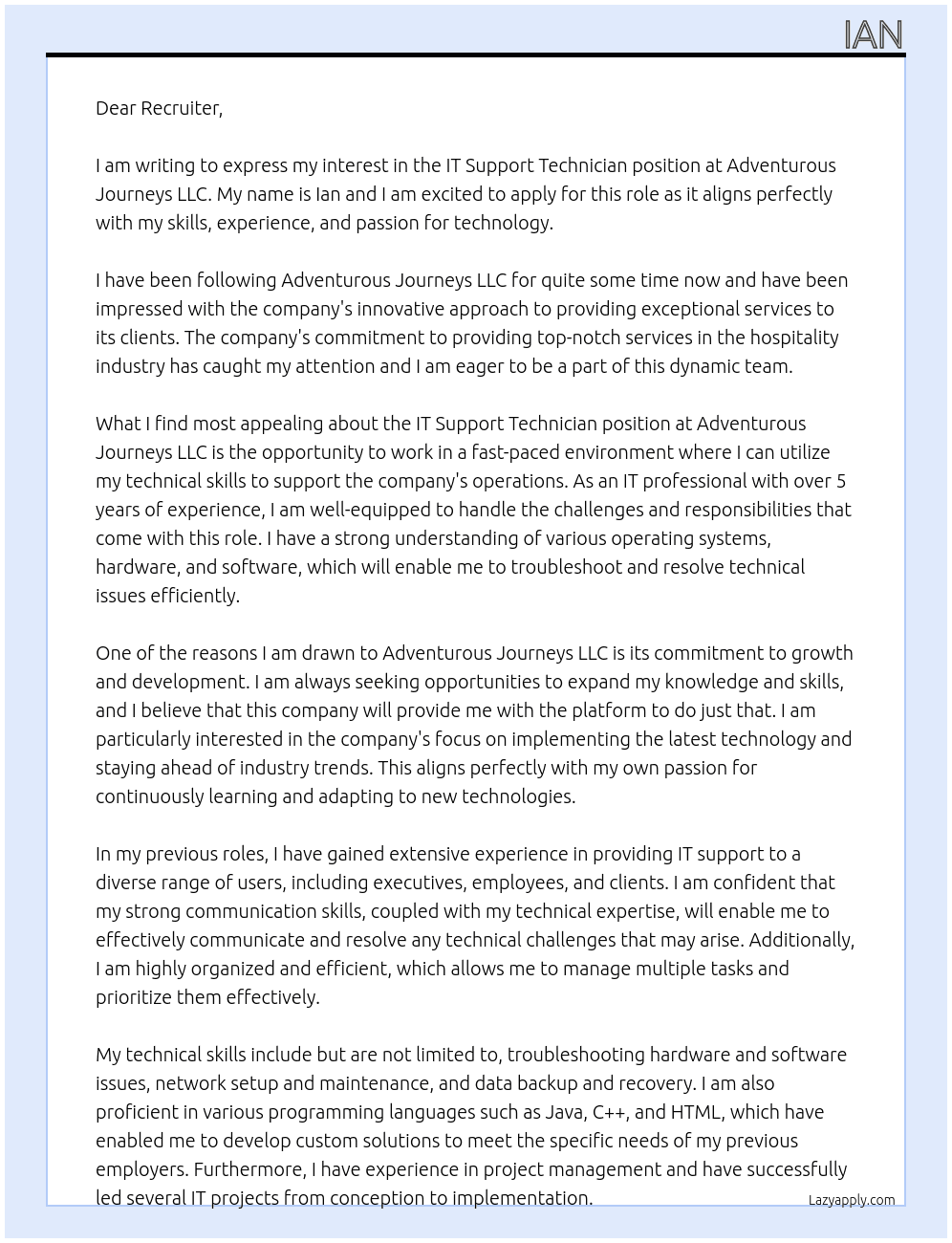 IT Support Technician At Adventurous Journeys LLC Cover Letter