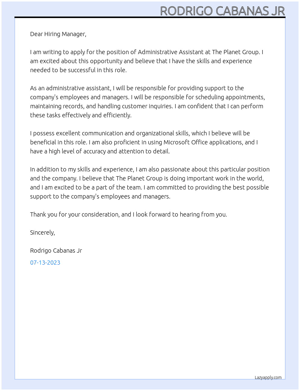 Administrative Assistant At The Planet Group Cover Letter