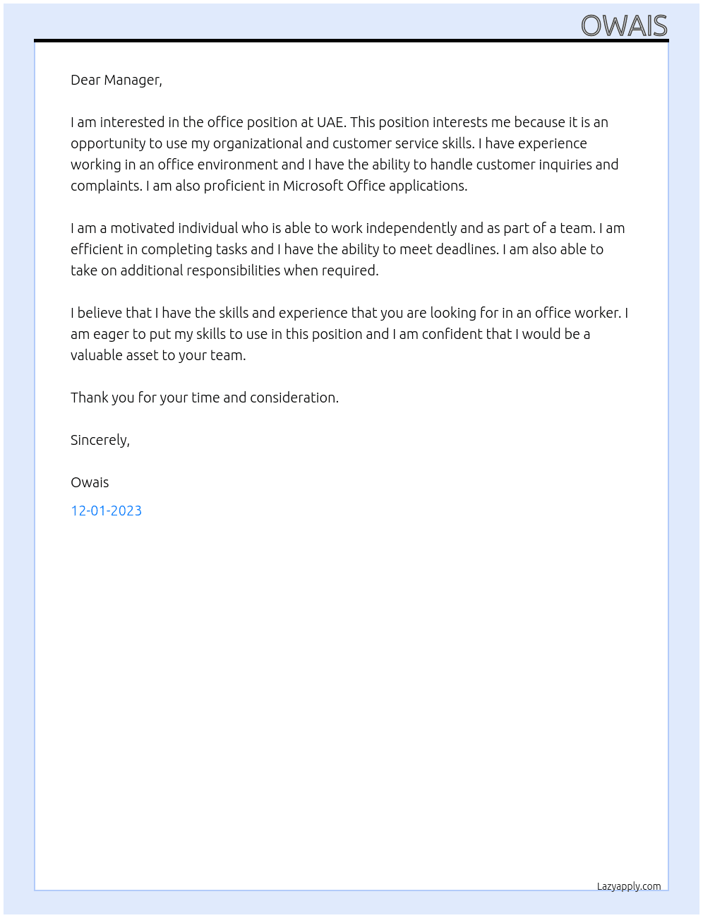 office  At uae Cover Letter