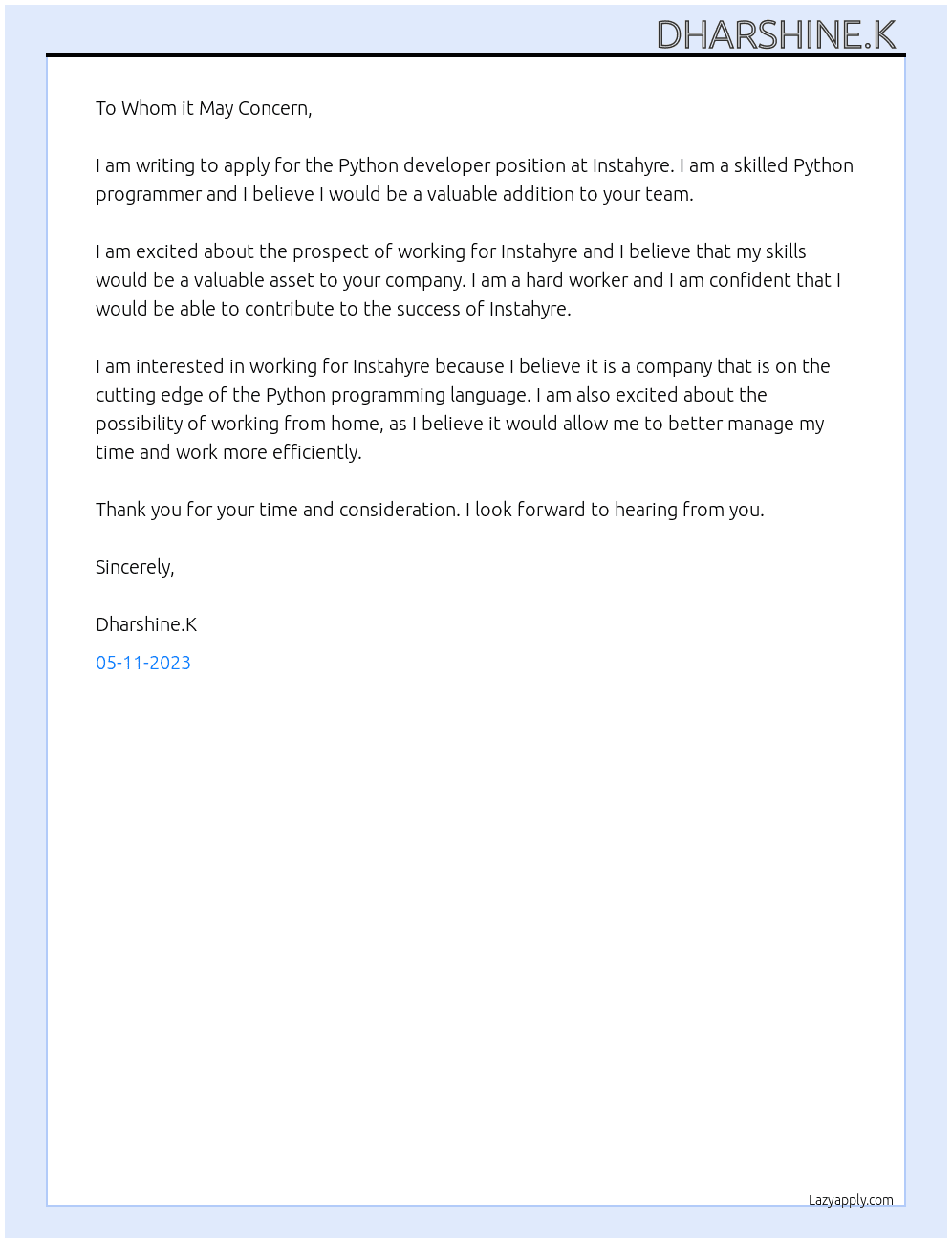 Python developer  At Instahyre Cover Letter