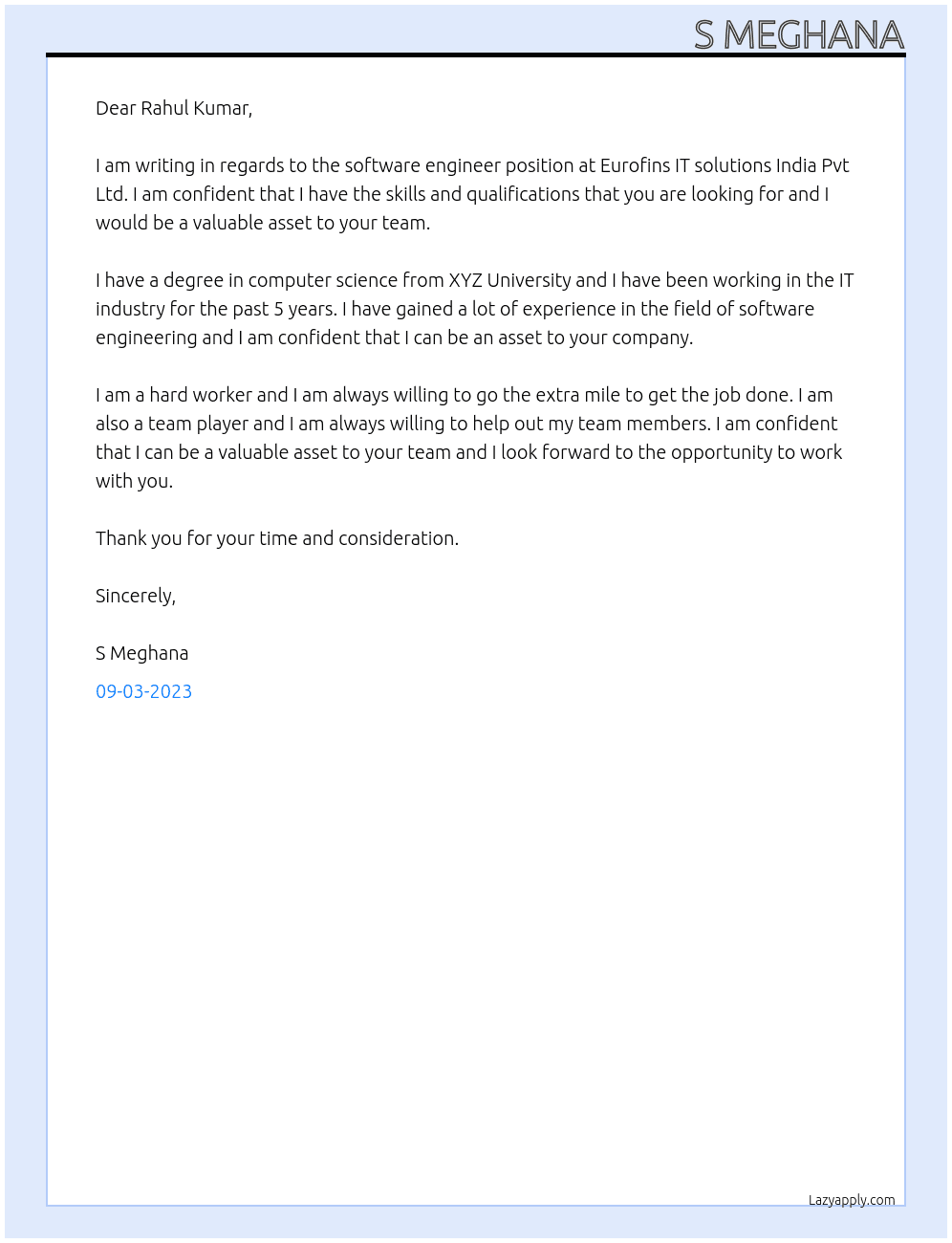 Software engineer At Eurofins IT solutions India Pvt Ltd Cover Letter