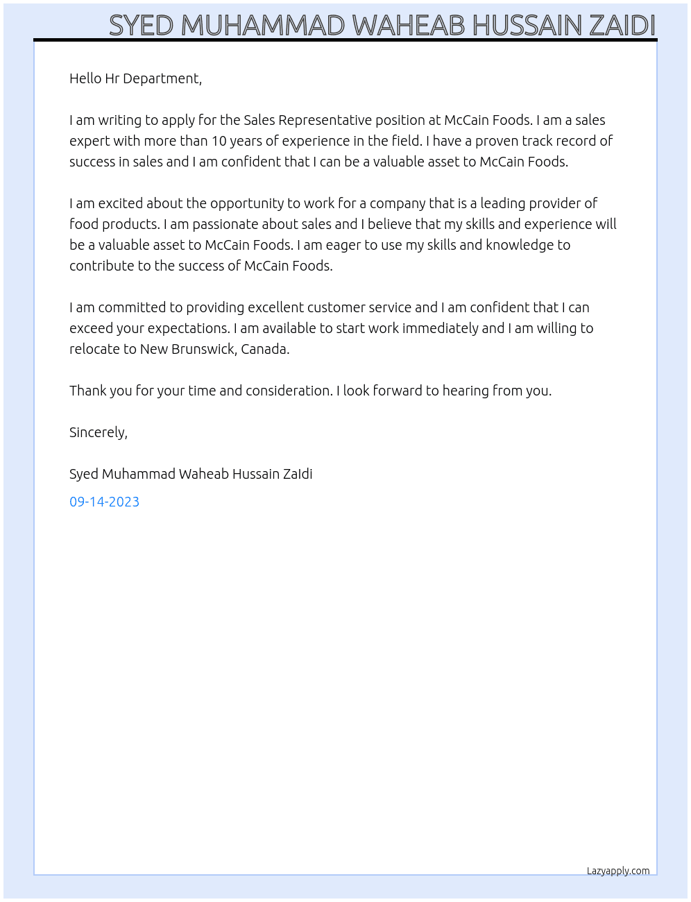 Sales Representative  At McCain Foods Cover Letter