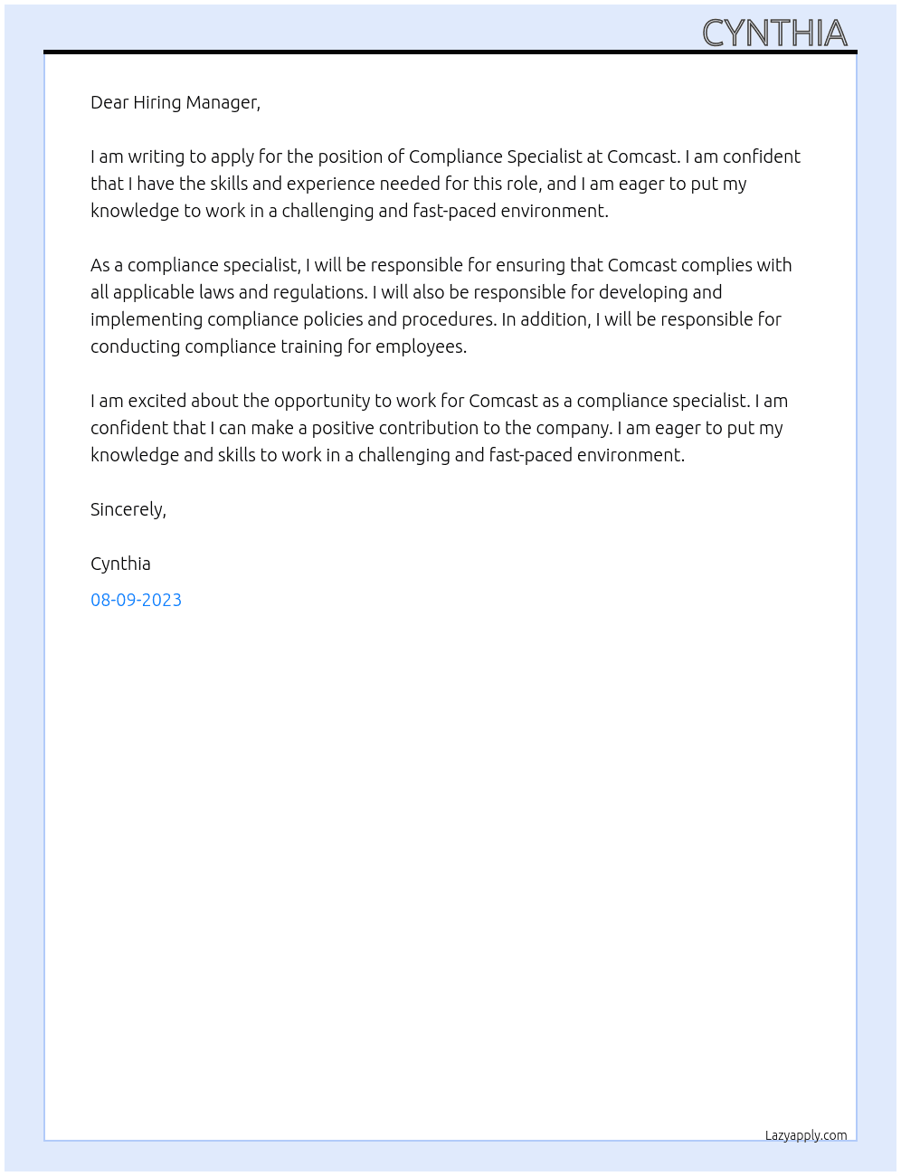 Compliance Specialist At Comcast Cover Letter
