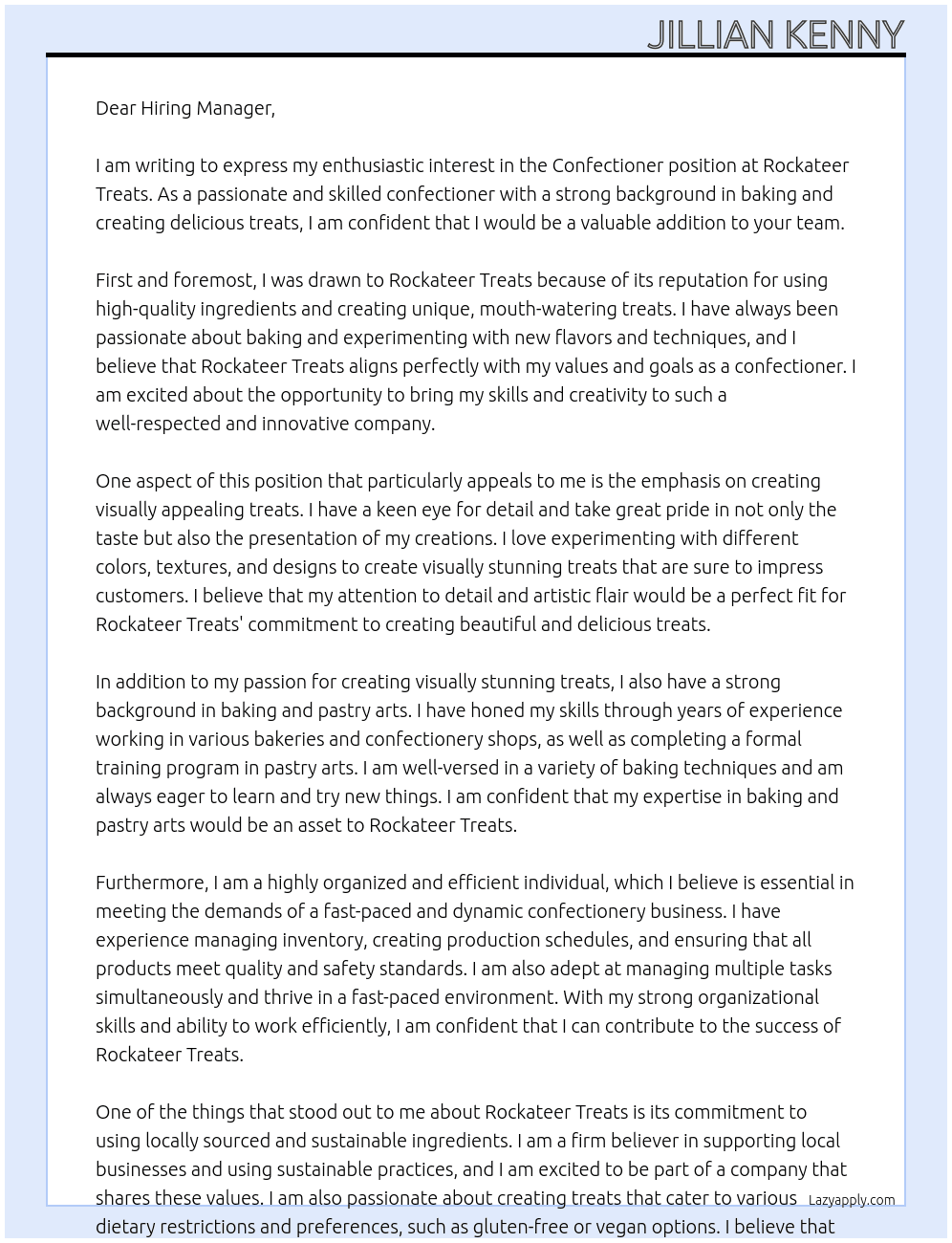 Confectioner At Rockateer Treats Cover Letter