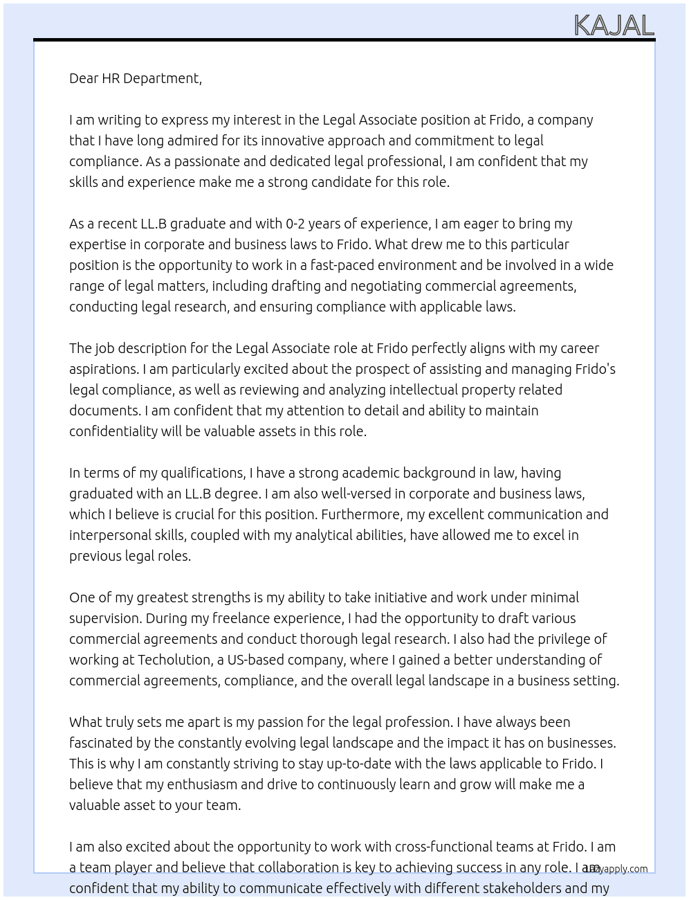 Legal Associate At Frido Cover Letter