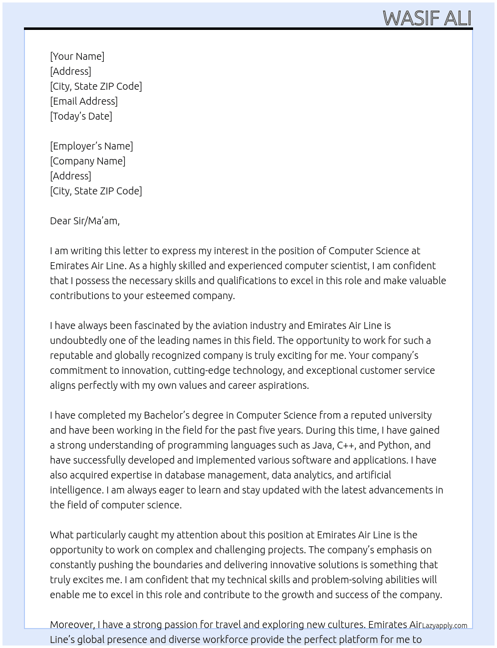 Computer science  At Emirates air line Cover Letter