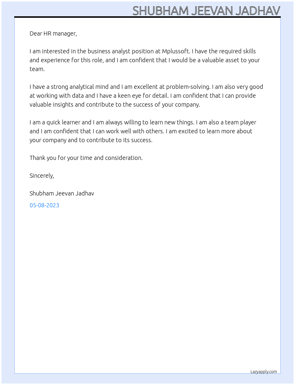 business analyst At Mplussoft Cover Letter