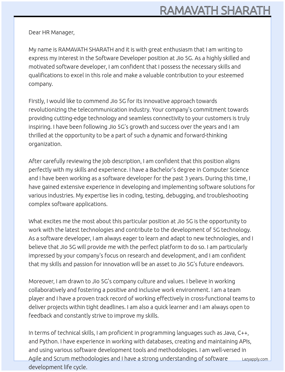 software developer At jio 5g Cover Letter