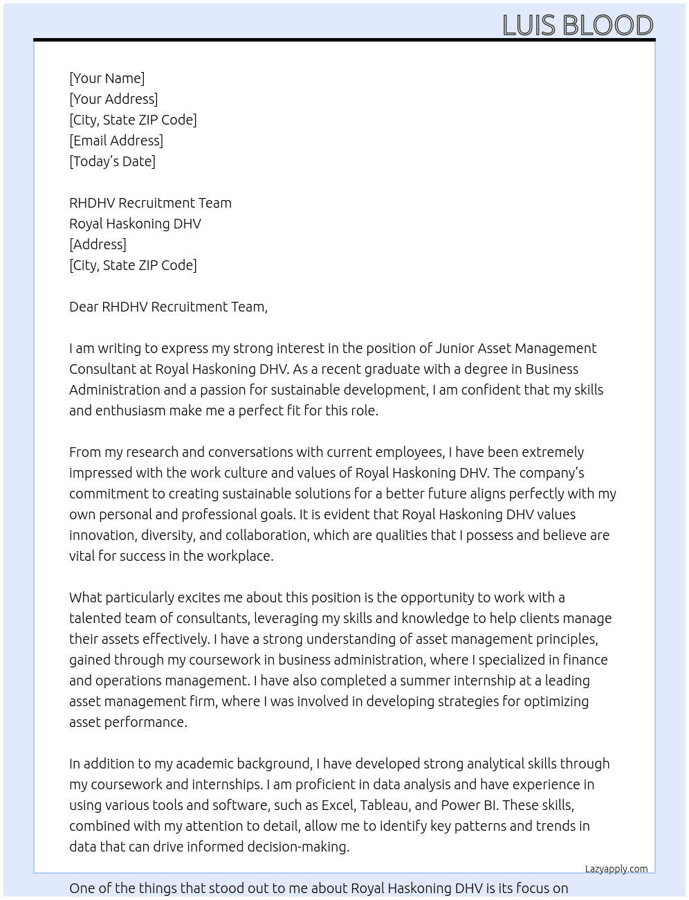 Junior Asset Management Consultant At Royal Haskoning DHV Cover Letter