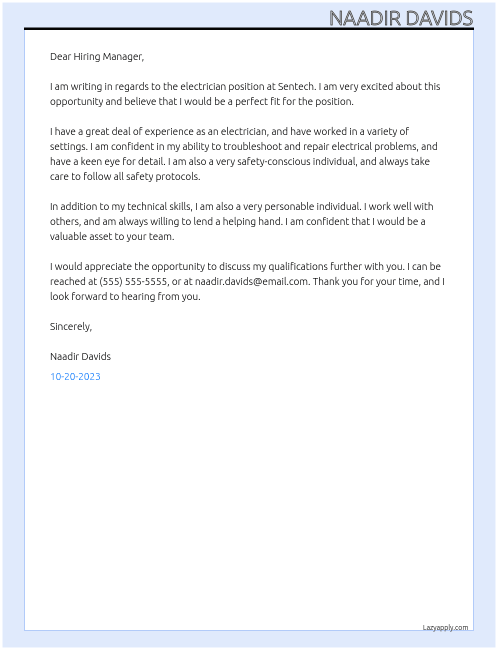 Electrician At Sentech Cover Letter