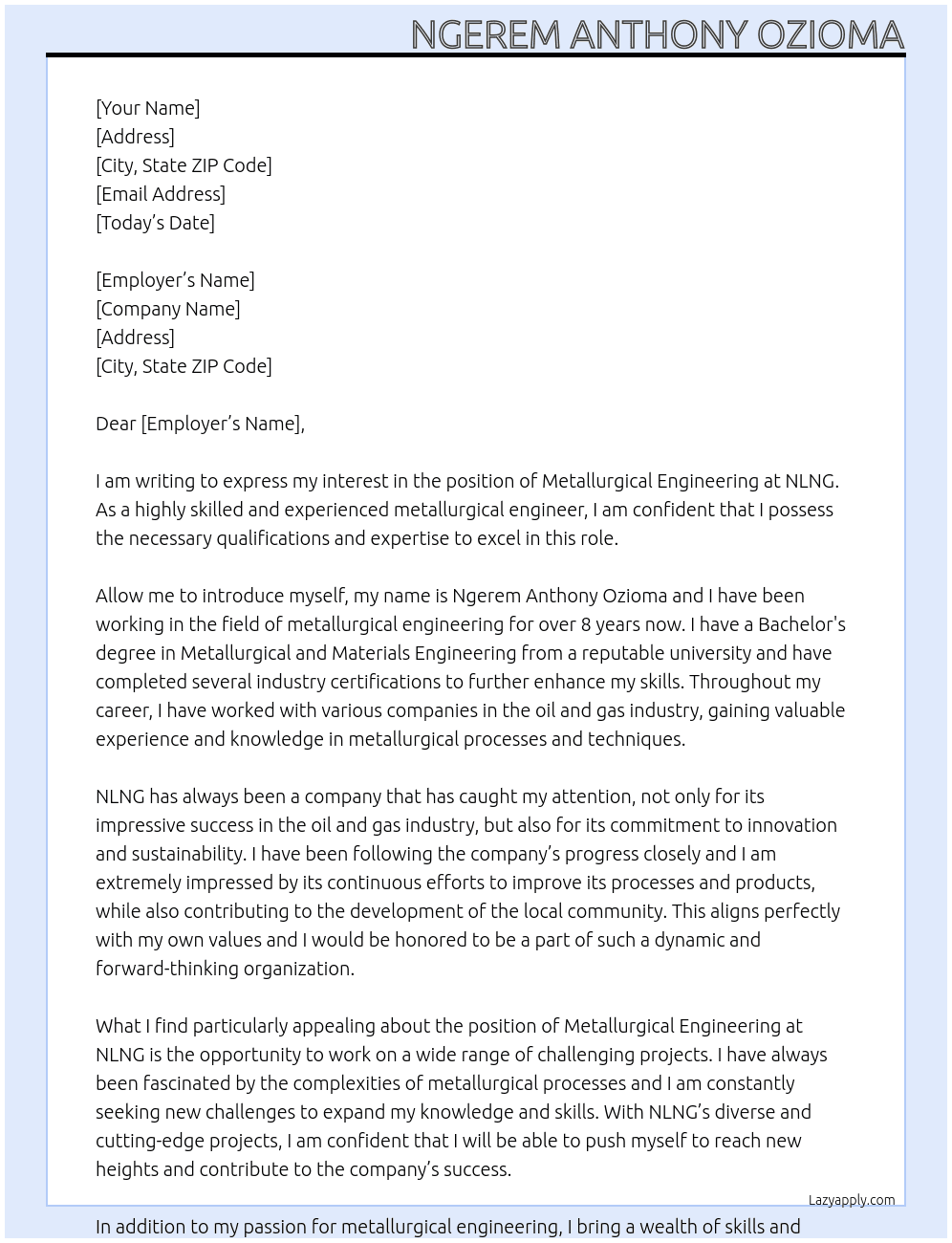 Cover letter for metallurgical engineering - LazyApply