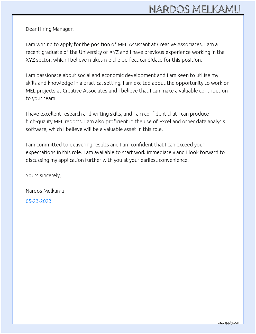 MEL Assistant  At Creative Associate  Cover Letter