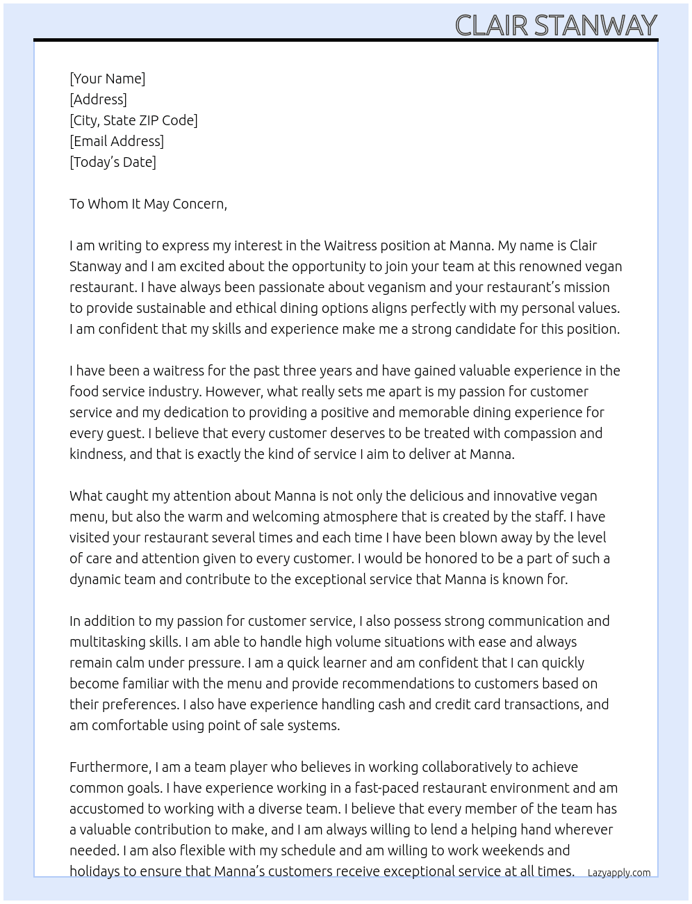Waitress for vegan restaurant  At Manna Cover Letter