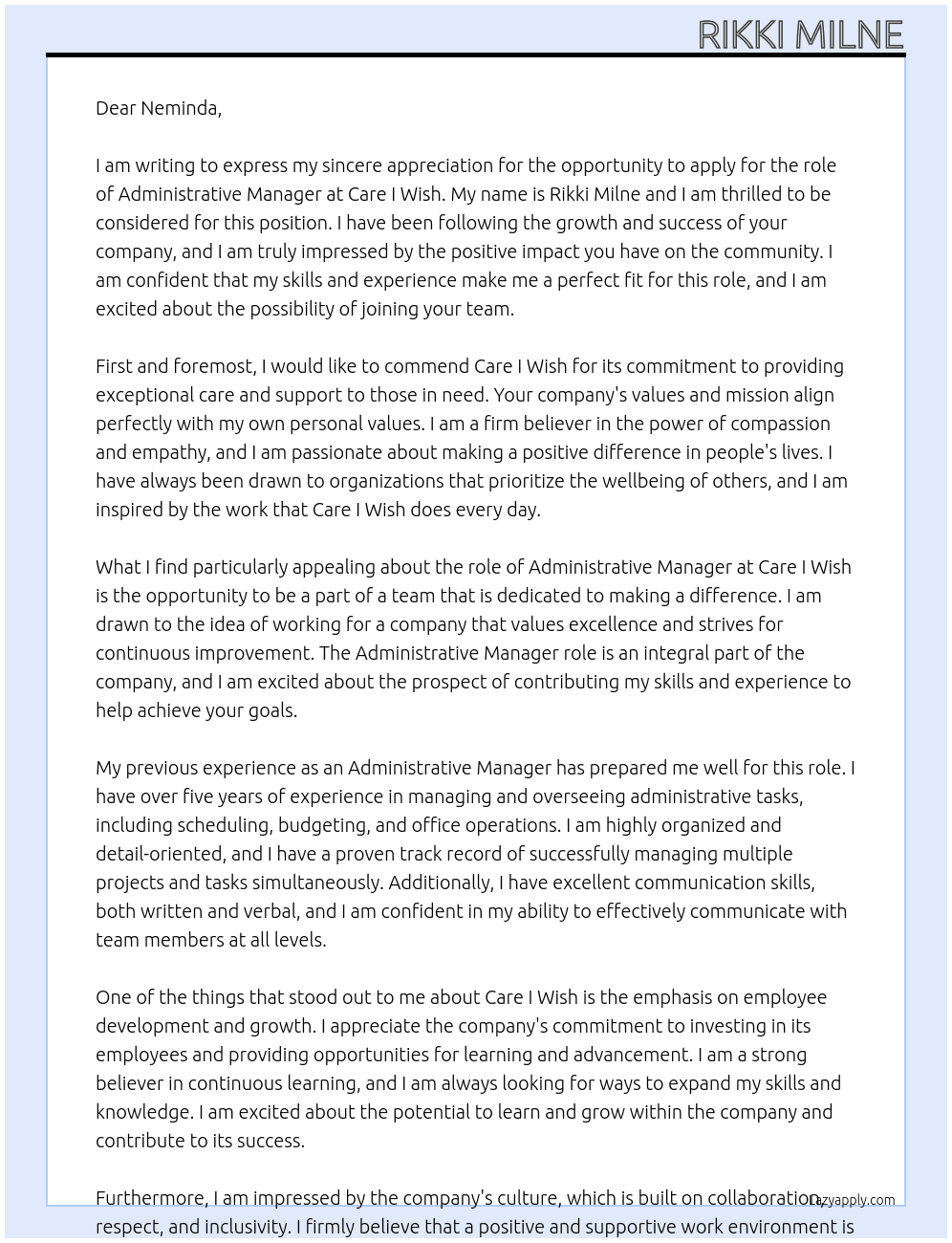 Administrative Manager At Care I Wish Cover Letter