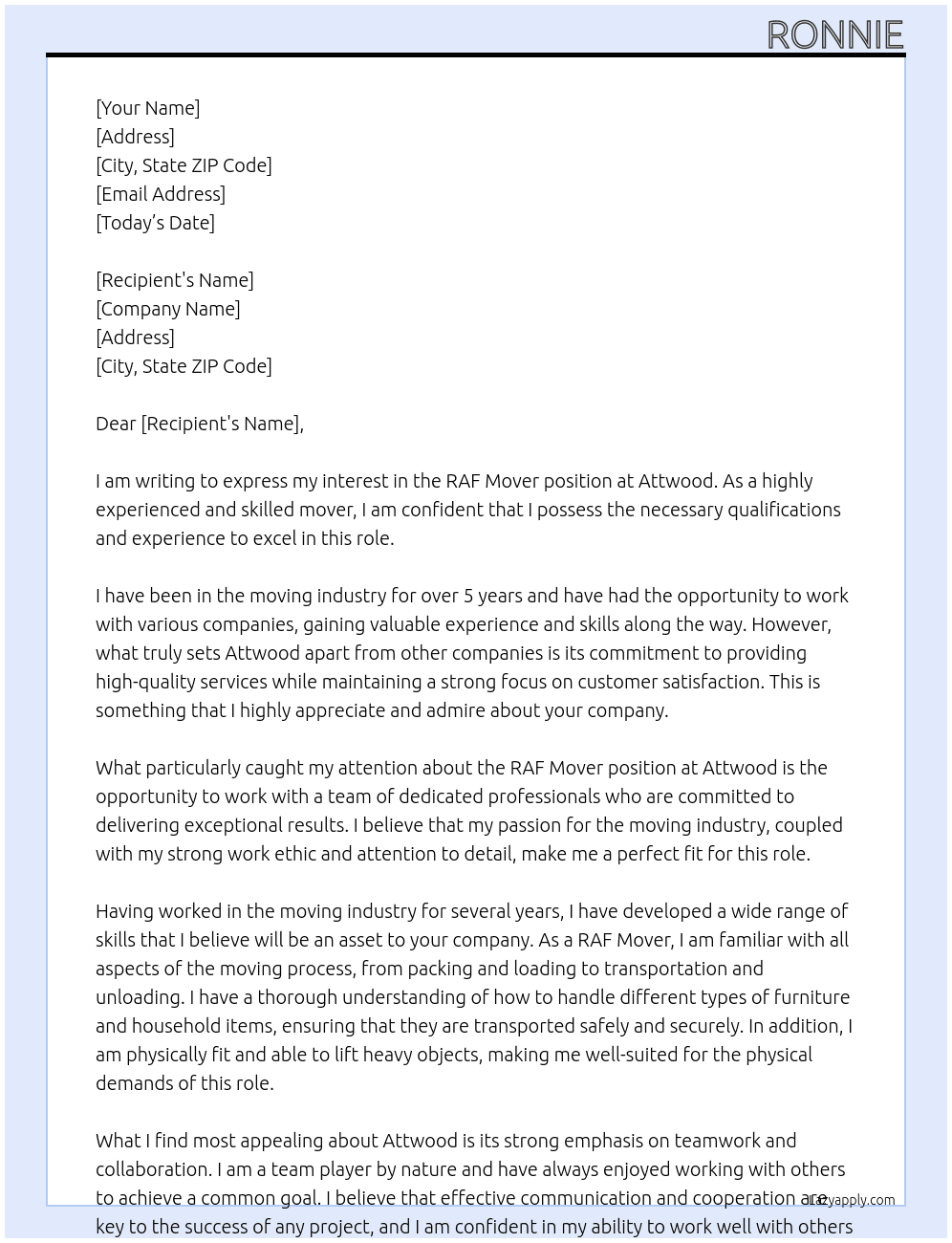 RAF Mover At Attwood Cover Letter