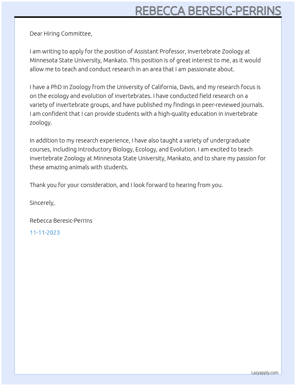 Assistant Professor, Invertebrate Zoology At Minnesota State University, Mankato Cover Letter