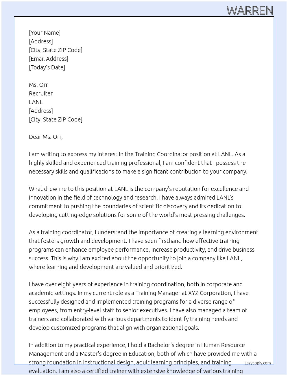 Training Coordinator At LANL Cover Letter