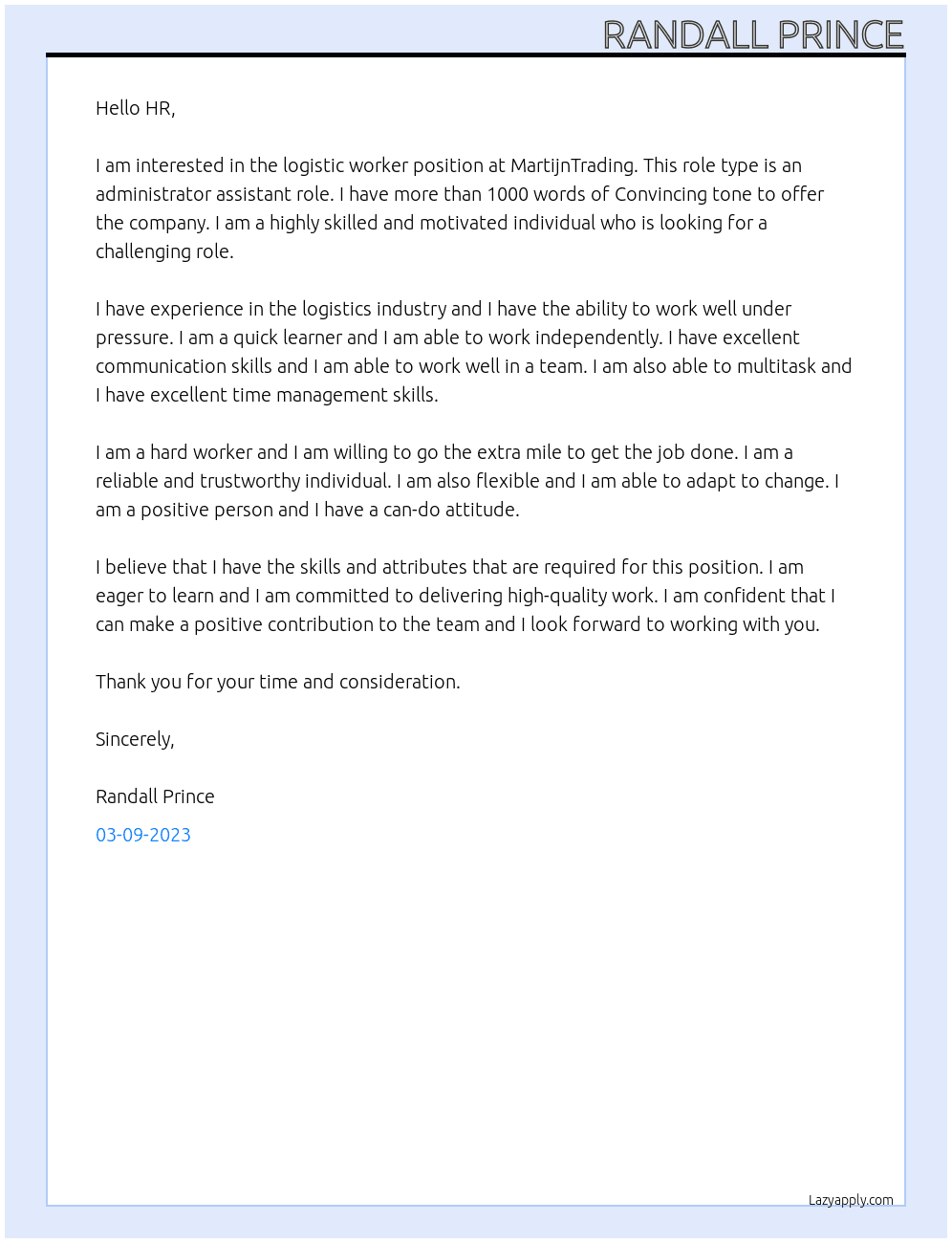 logistic worker At MartijnTrading Cover Letter