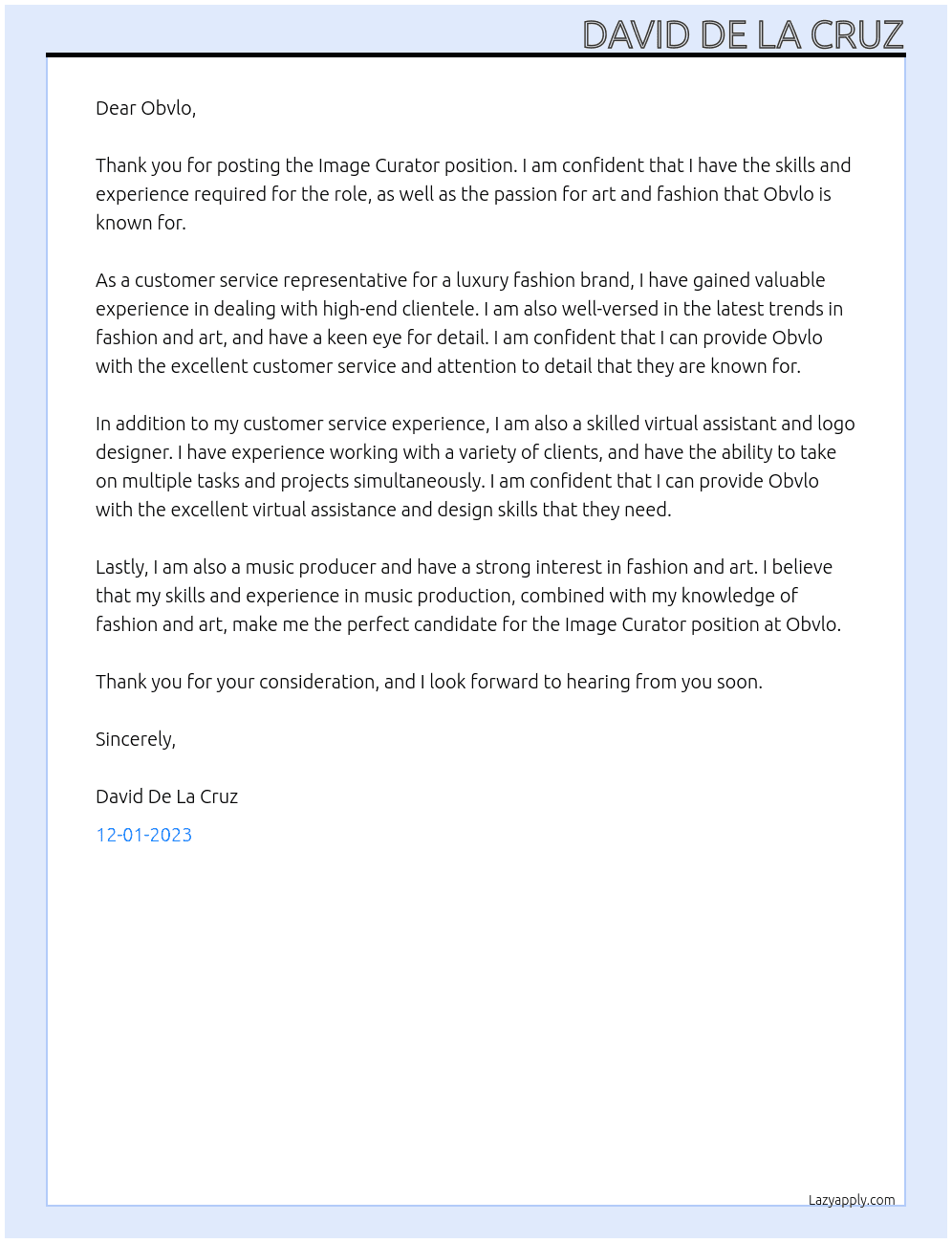 Image Curator At Obvlo Cover Letter