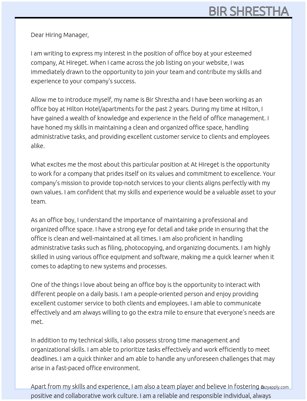 Offer boy  At At Hireget Cover Letter