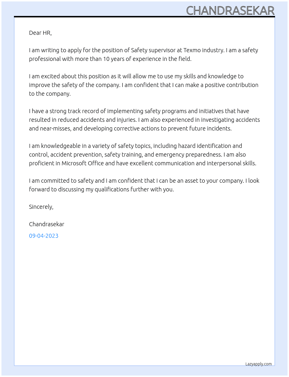 Safety supervisor At Texmo industry Cover Letter