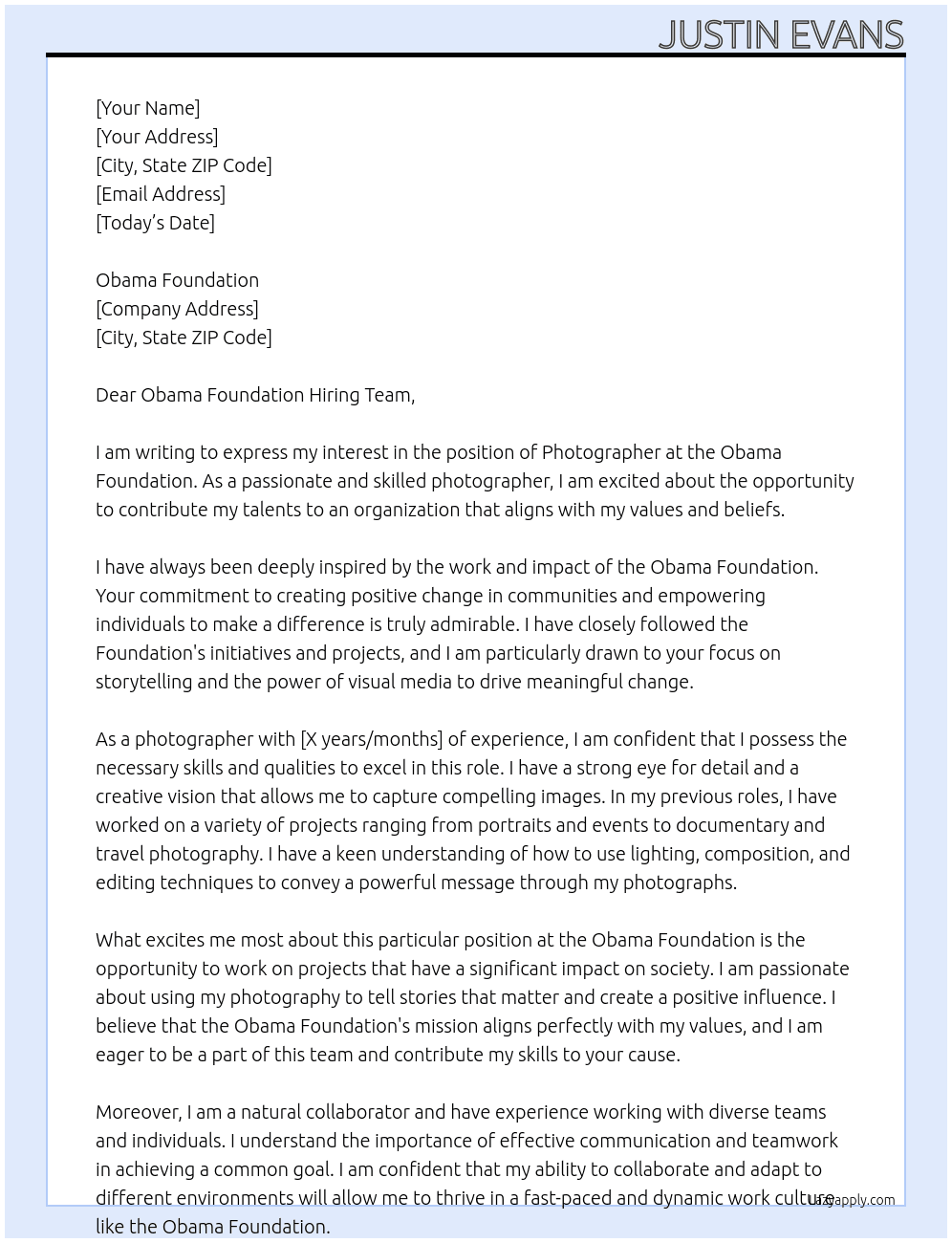 Photographer At Obama Foundation  Cover Letter