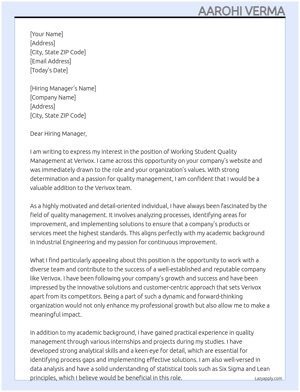 Working Student Quality Management At Verivox Cover Letter