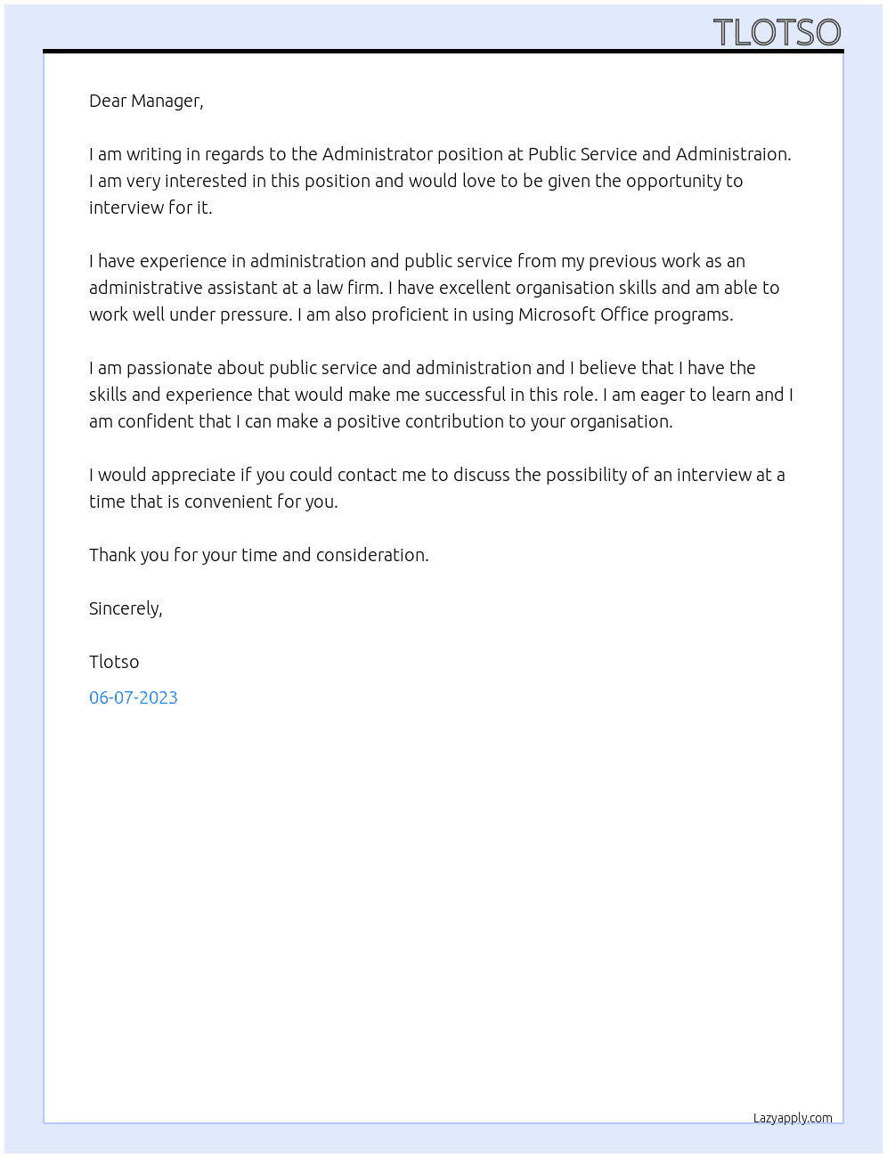 Administrator At Public service and administraion Cover Letter