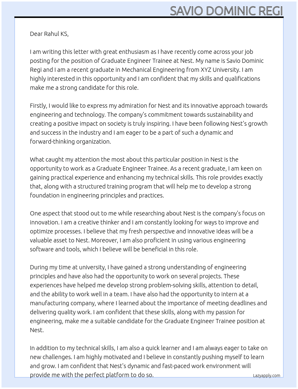 Graduate Engineer Trainee At Nest Cover Letter