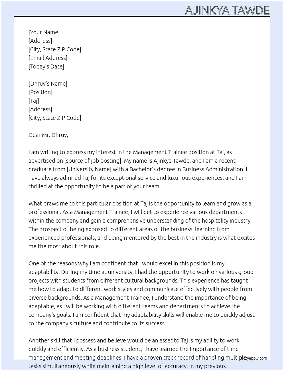 Management trainee At Taj Cover Letter