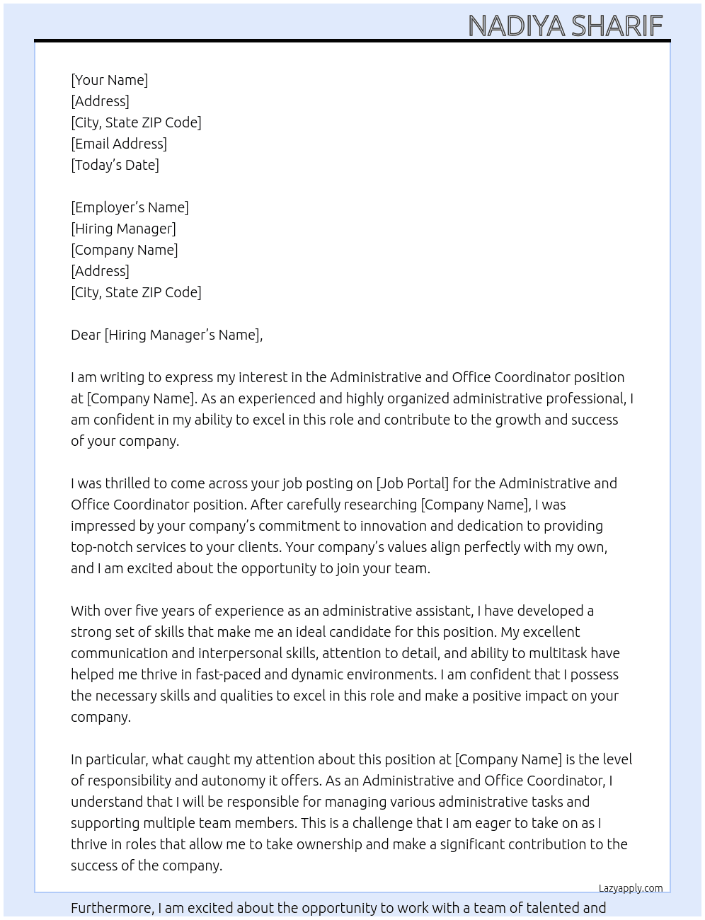 Administrative and Office Coordinator At kevin Cover Letter
