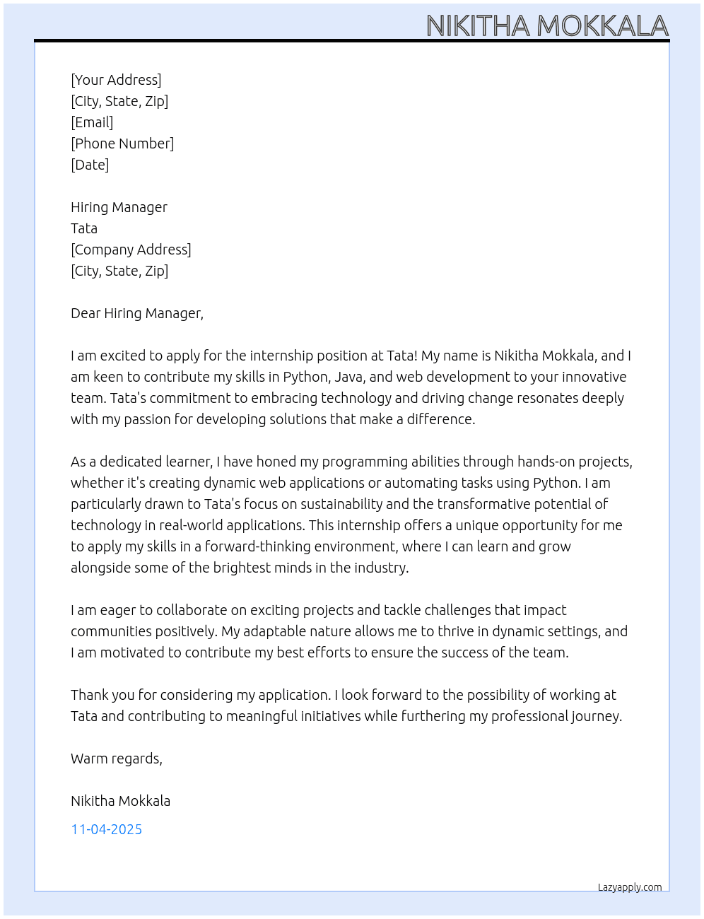internship At Tata  Cover Letter