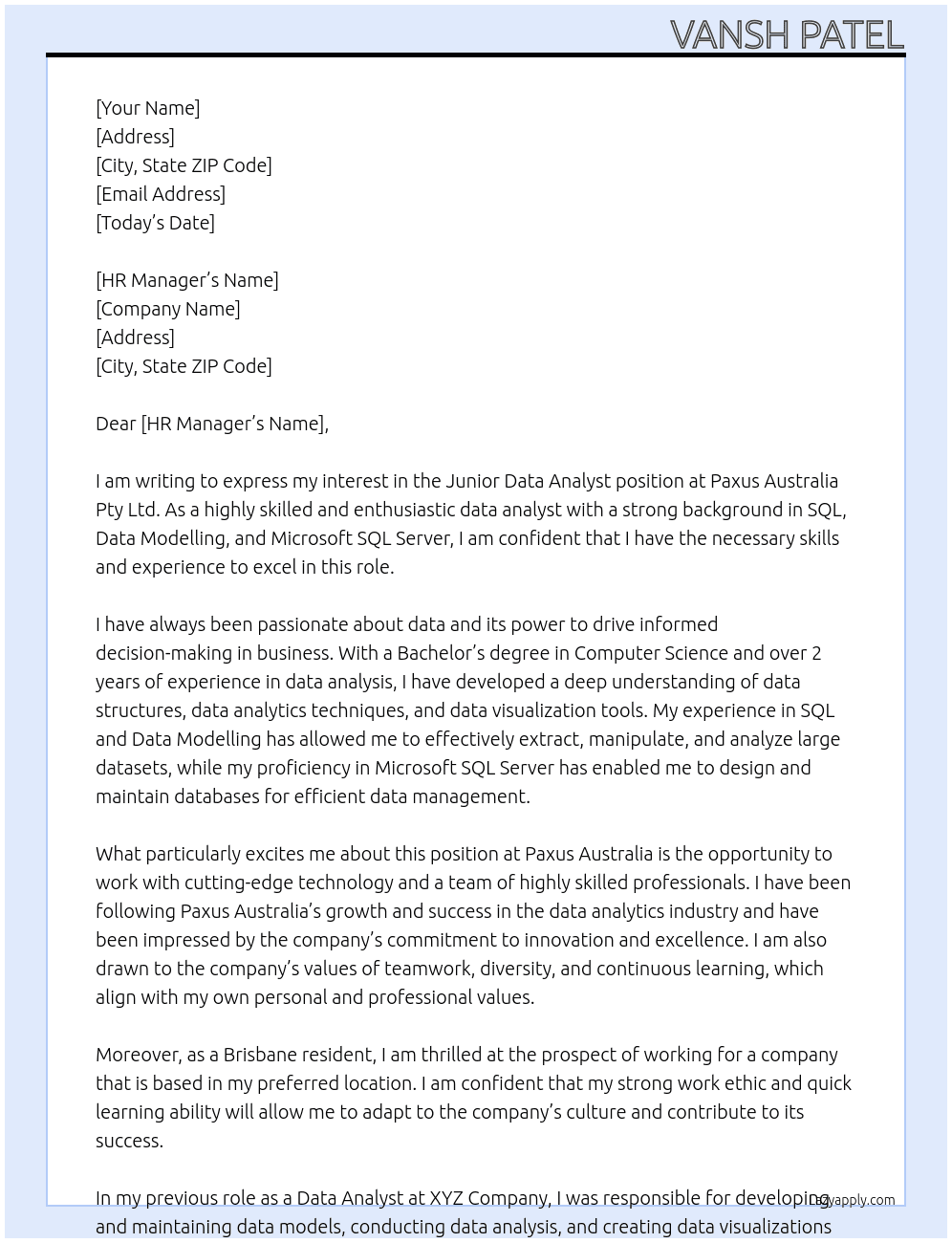 Junior Data Analyst At Paxus Australia Pty Ltd Cover Letter