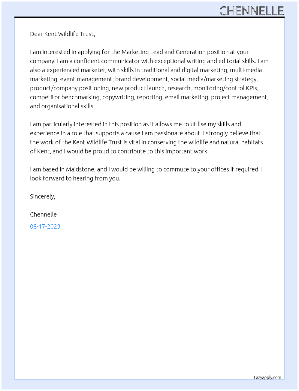 Marketing Lead and Generation At Kent Wildlife Trust Cover Letter